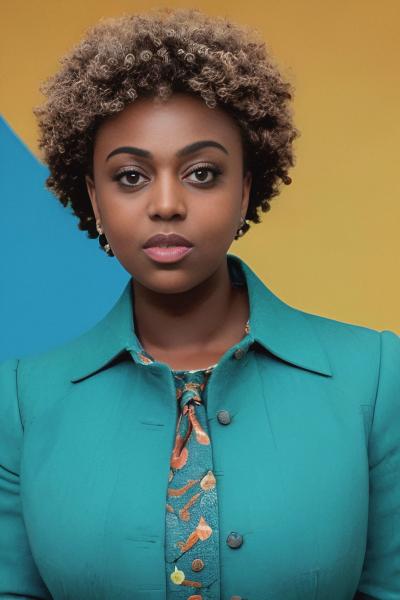 Brittany Dickey headshot. Black woman in a teal blazer on a gold and blue backdrop.