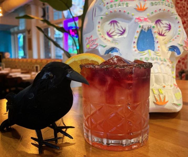 bird drink and candy skull.
