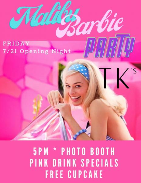 Malibu Barbie Party at TK's poster in pink with Margot Robbie driving the pink barbie car.