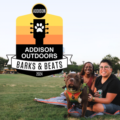 Barks & Beats Logo on a blurred image of Addison Circle Park.