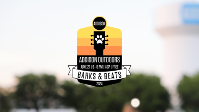 Barks & Beats Logo on a blurred image of Addison Circle Park.