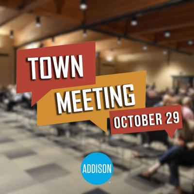 Fall Town meeting logo over blurred image of the Addison conference centre.