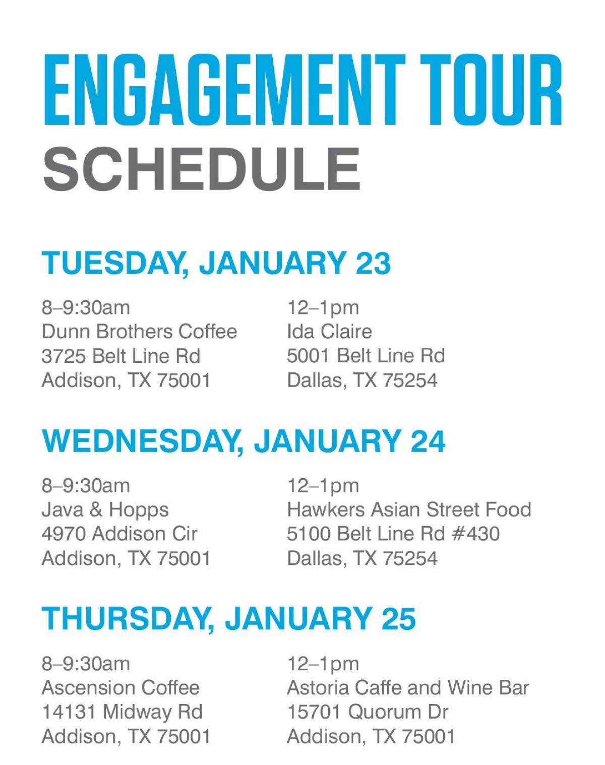 Advance Addison January Engagement Tour Schedule