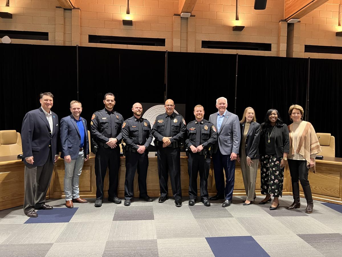Promoted Addison Police Officers with Mayor, City Council Members and City Manager 