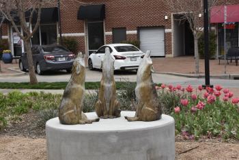 Three coyotes howling sculpture.